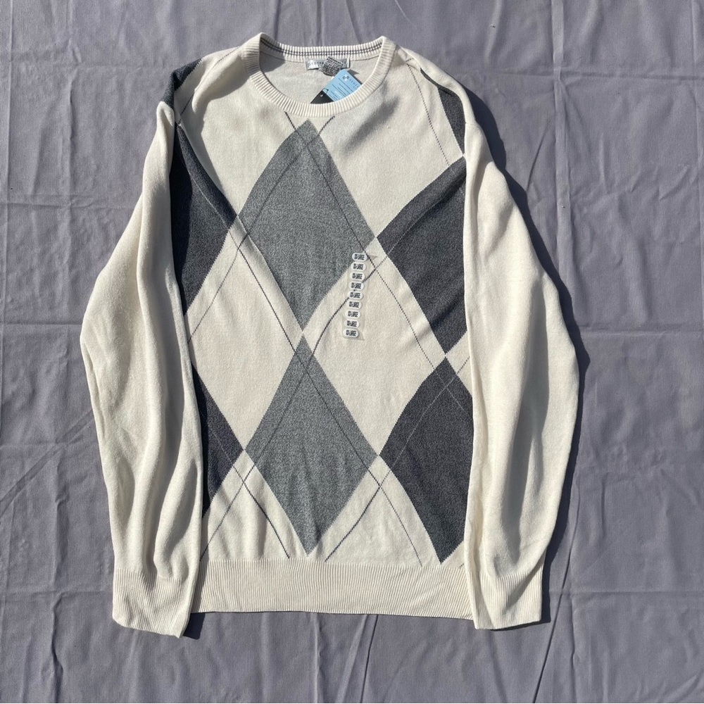 Geoffrey Beene Cream and Gray Argyle Crewneck Sweater men’s size xxl